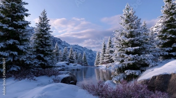 Fototapeta Tranquil snow-covered mountain landscape with pine trees and reflective lake.