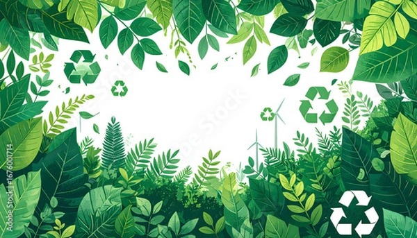 Fototapeta A flat vector illustration showing a lush, green landscape with a border of leaves, recycling symbols, and eco-friendly icons, representing environmental sustainability