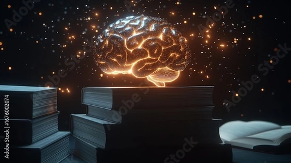 Fototapeta Glowing brain above stacks of books with sparkling particles in a dark background scene concept
