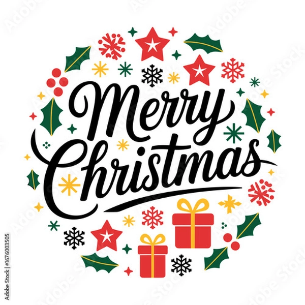 Fototapeta Vector art of circular merry christmas illustration with stars, snowflakes, holly, and gift boxes