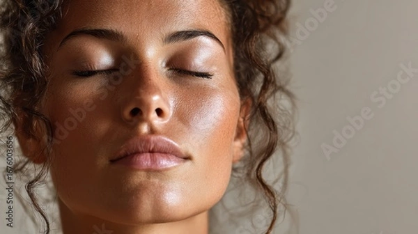 Fototapeta A serene moment captured of a woman with closed eyes, radiating calmness and tranquility in a minimal setting.