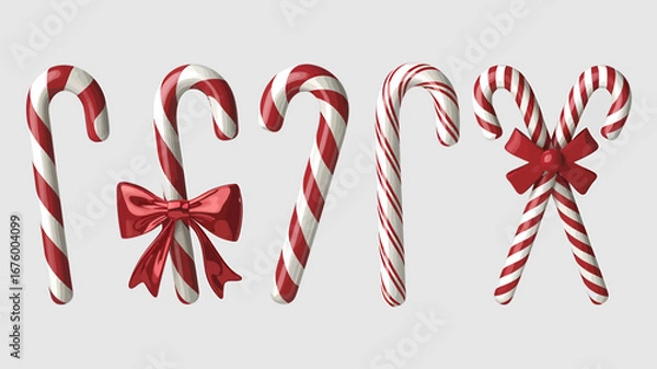 Fototapeta Vector art of collection of traditional red and white striped candy canes with red bows