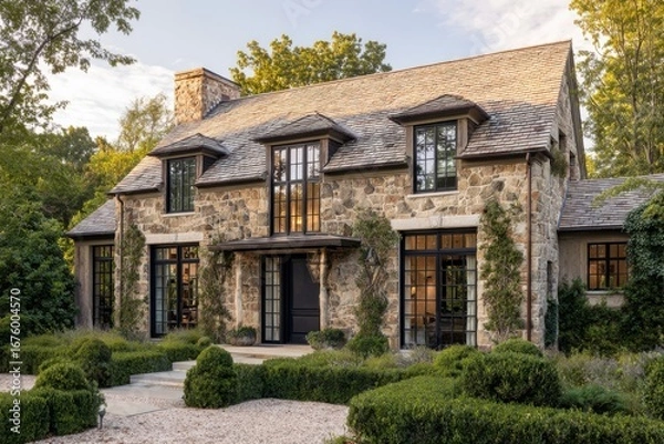 Fototapeta Nestled in a tranquil garden oasis, this stunning stone house is enveloped by vibrant, lush greenery, creating a picturesque scene on a sunny afternoon