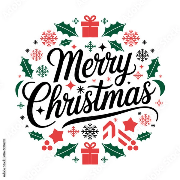 Fototapeta Vector art of merry christmas text with festive elements like snowflakes, holly, gifts, and candy canes in a circular design