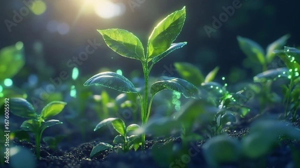 Fototapeta Close up of young green plants growing in soil with sunlight shining on the leaves and the field