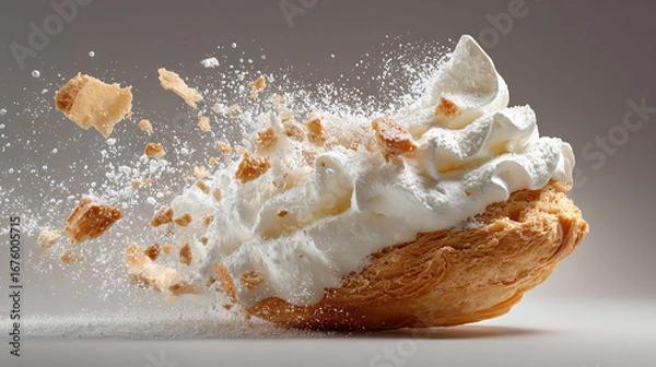 Fototapeta A delicious pie bursting with whipped cream and crumbs, showcasing an appetizing dessert falling apart in a dynamic visual display.