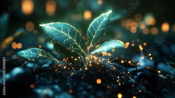 Fototapeta Glowing plant with leaves sprouting from dark soil surrounded by bokeh lights in the background
