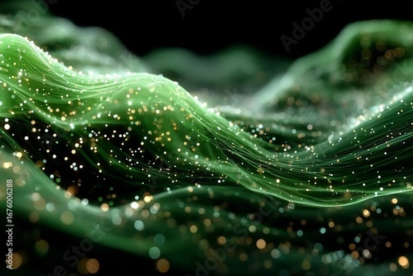 Fototapeta 3d render of bio data cloud particles floating interacting in digital green environment smooth composition and modern depth