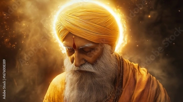 Fototapeta Portrait of an older man with a turban and beard surrounded by a golden glowing aura effect