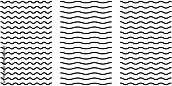 Fototapeta water line icon various wave logo set. Wave pattern, geometric tiles, curvy lines of water stream, ocean and sea surf icon set. Black outline symbols vector illustration.