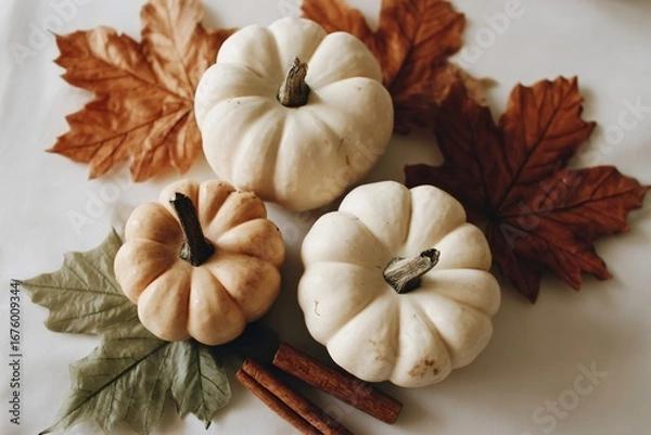 Fototapeta White and tan mini pumpkins with cinnamon sticks and autumn leaves on bright background, soft neutral palette. Thanksgiving decorations