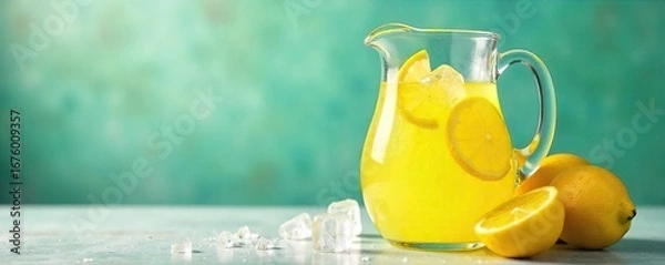 Fototapeta Refreshing homemade lemonade cooling down in a pitcher with ice cubes, ready to quench thirst on a hot day  Perfect summer beverage ,  lemon,  juicy