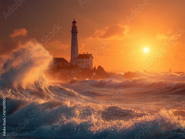Fototapeta Ocean Waves Splashing During Golden Sunset Near a Lighthouse 