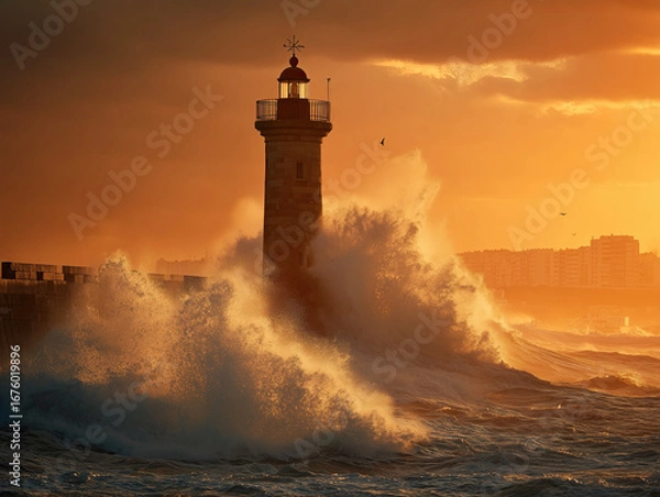 Fototapeta Ocean Waves Splashing During Golden Sunset Near a Lighthouse