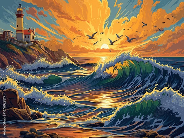 Fototapeta Vibrant Sunset Over Roaring Ocean Waves Splashing Beside Lighthouse and Rocky Coastline at Sea and flying seagulls in sky

