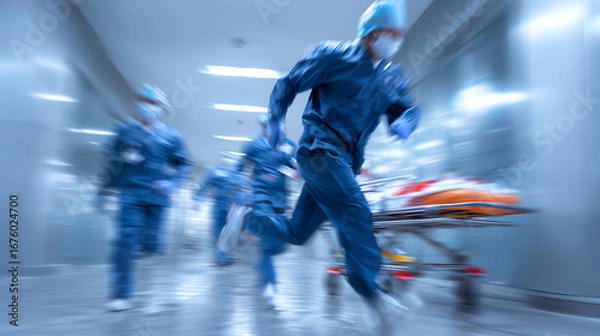Fototapeta Medical professionals swiftly respond to an emergency in a hospital setting, showcasing teamwork and urgency during critical situations.