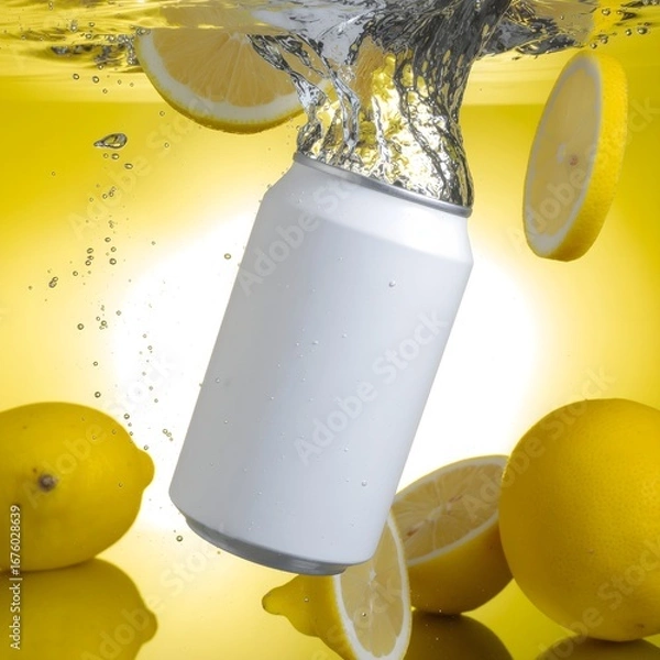 Obraz White Soda Can Splashing into Water with Lemon Slices on Yellow Background