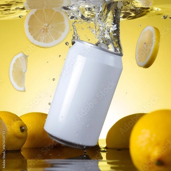 Obraz White Soda Can Splashing into Water with Lemon Slices on Yellow Background
