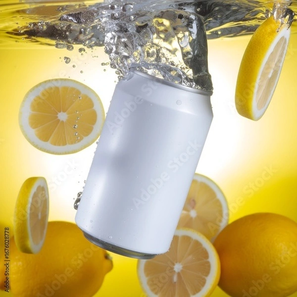 Obraz White Soda Can Splashing into Water with Lemon Slices on Yellow Background