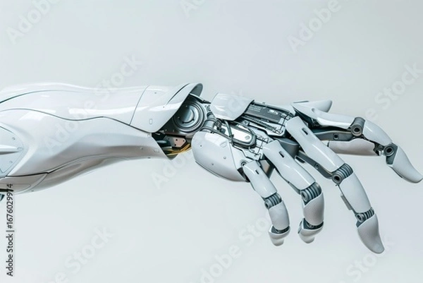 Fototapeta Close up of futuristic prosthetic arm on faceless person, clean studio background, modern healthcare technology.