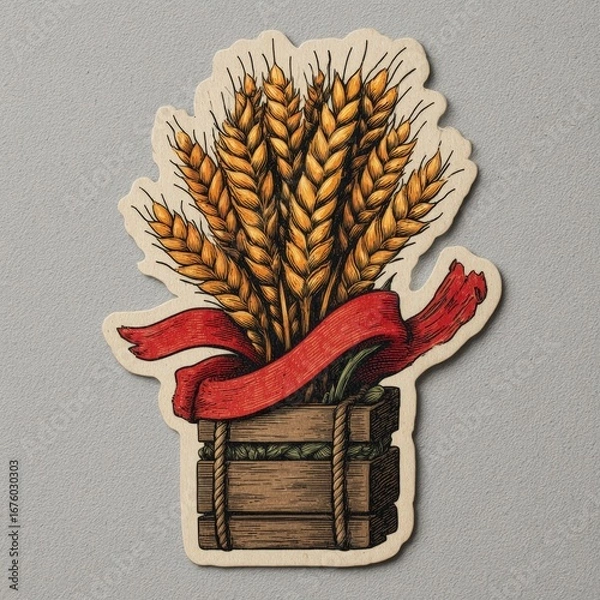 Fototapeta Golden Wheat Stalks in Crate with Red Ribbon