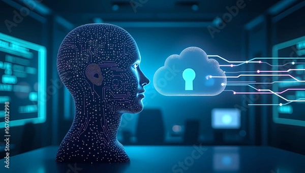 Fototapeta Futuristic AI Cybersecurity Concept – Neon Blue Circuit Head