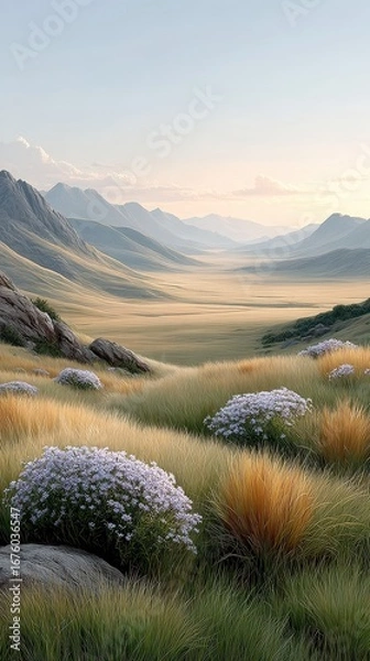 Obraz A serene valley landscape with wildflowers, tall grasses, and distant mountains under a soft, pastel sky at sunrise.