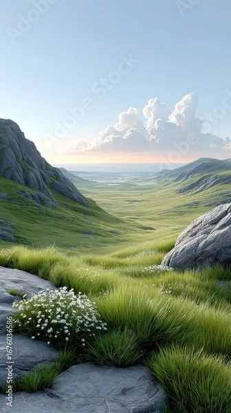 Obraz A serene green valley with distant mountains, wildflowers, and a blue sky filled with fluffy clouds.