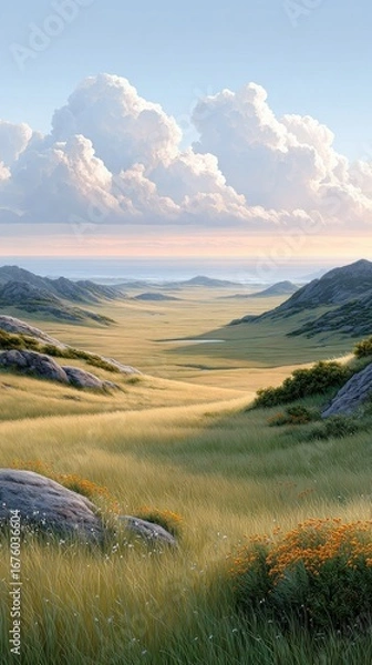 Obraz A scenic valley view with rolling grassy hills, wildflowers, distant mountains, and dramatic clouds under a clear sky.