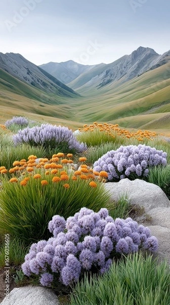 Obraz A lush mountain valley with vibrant wildflowers, rolling green hills, and distant peaks under a clear sky.