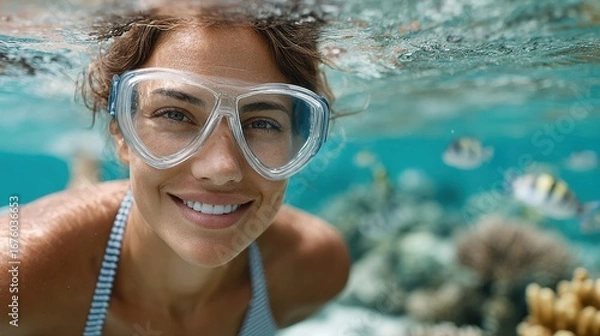Obraz A woman smiles underwater while snorkeling in clear tropical water with coral and fish visible in the background.