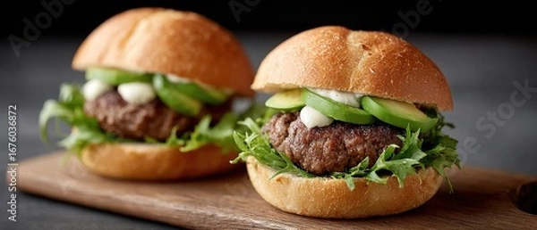 Obraz Two gourmet burgers with lettuce, cucumber, and sauce on a wooden board.
