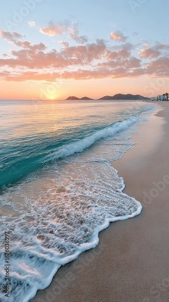 Obraz Serene sunrise over a sandy beach with gentle waves and distant mountains under a colorful sky.