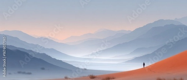 Obraz A lone figure stands on a sand dune, gazing at layers of misty mountains under a tranquil pastel sky.