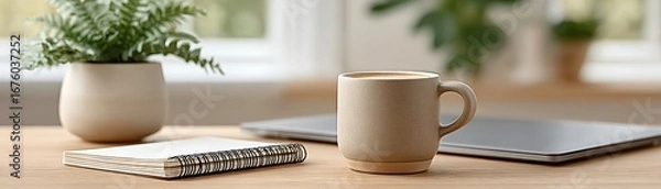 Obraz A ceramic mug, notebook, laptop, and potted plant on a wooden desk in a bright, cozy workspace.
