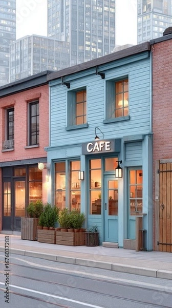 Obraz A cozy blue cafe stands on a quiet city street, surrounded by plants and urban buildings in the background.