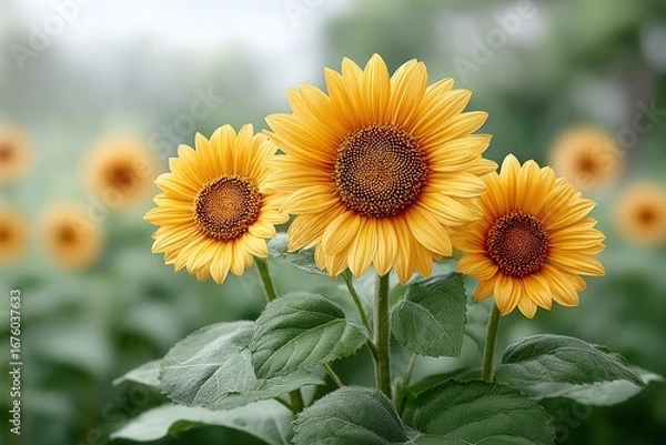 Obraz Three vibrant sunflowers bloom in a green field with a blurred natural background.