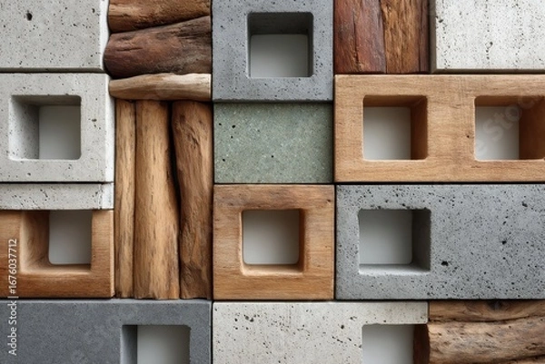 Obraz A geometric arrangement of square concrete and wooden blocks with hollow centers, forming a modern, textured wall design.