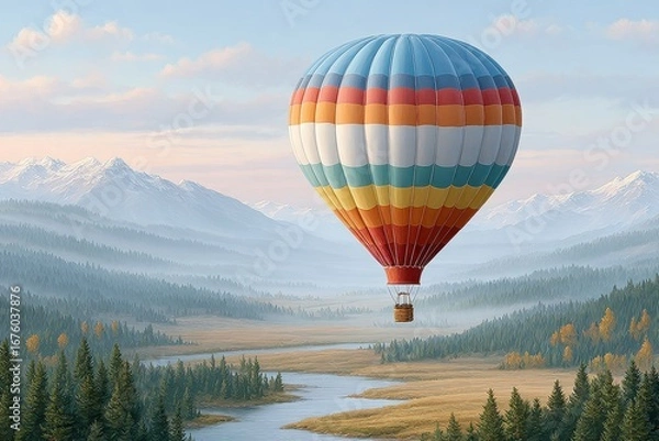 Obraz A colorful hot air balloon floats above a scenic valley with a river, forest, and snow-capped mountains in the background.