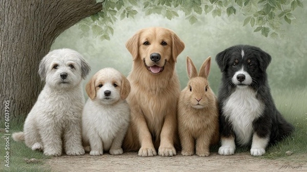 Obraz Five cute pets-four dogs and a rabbit-sit together outdoors under a tree, posing for a charming group photo.