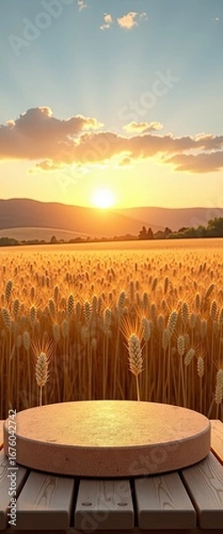 Fototapeta A rustic wooden platform sits in a golden wheat field at sunset, with the sun setting behind distant hills and casting a warm glow over the landscape
