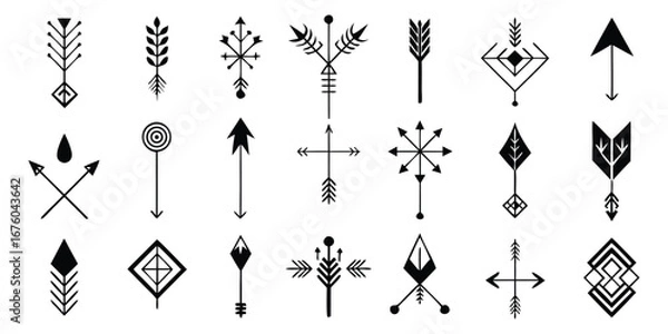 Fototapeta Arrow. Minimalist. Esoteric. A modern black vector set of abstract geometric and alchemical arrows for a minimal tattoo design, a spiritual brand's logo, or a unique graphic icon.