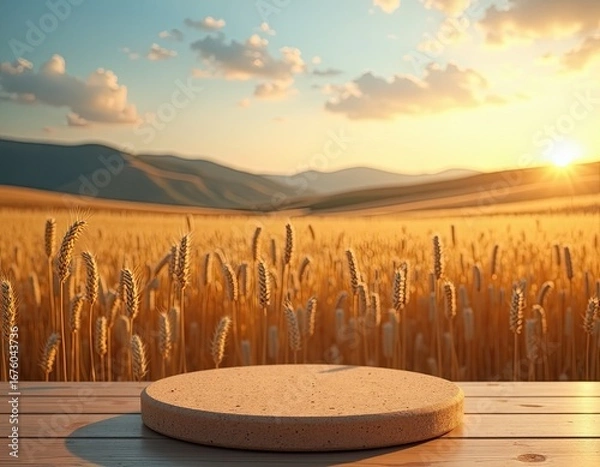 Fototapeta Golden wheat field at sunset with a round podium on a wooden table, showcasing a serene agricultural landscape bathed in warm sunlight and rolling hills in the background