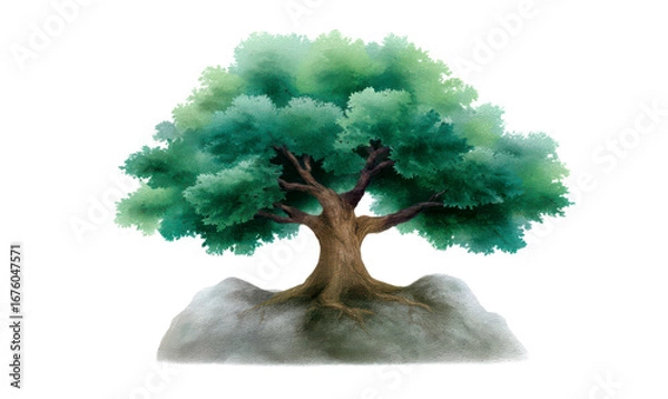 Fototapeta Watercolor Tree with Green Foliage on Rocky Ground Isolate on Transparent Background, cutout, png