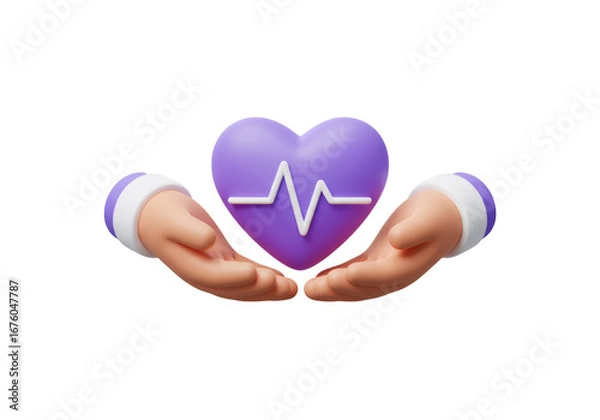 Fototapeta 紫色の心臓を保護する手の3Dレンダリング透明な背景における医療と健康の概念
