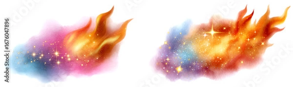 Fototapeta Colorful Magical Flames Watercolor Fantasy Element Clipart Isolate on Transparent Background, cutout, png