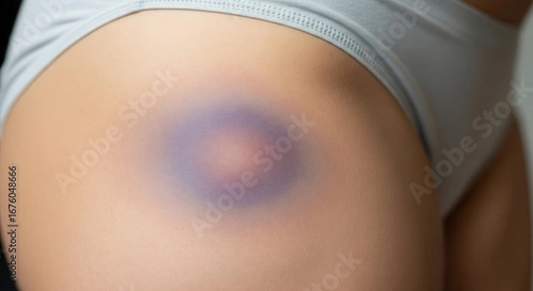 Fototapeta A prominent, round bruise with a dark purple outer ring and a reddish-brown center is visible on the upper thigh area of a person, against a backdrop of light grey underwear. This image clearly depict