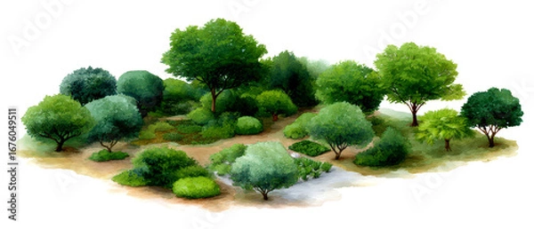 Fototapeta Watercolor Lush Green Orchard with Diverse Trees and Garden Space Illustration Isolate on Transparent Background, cutout, png