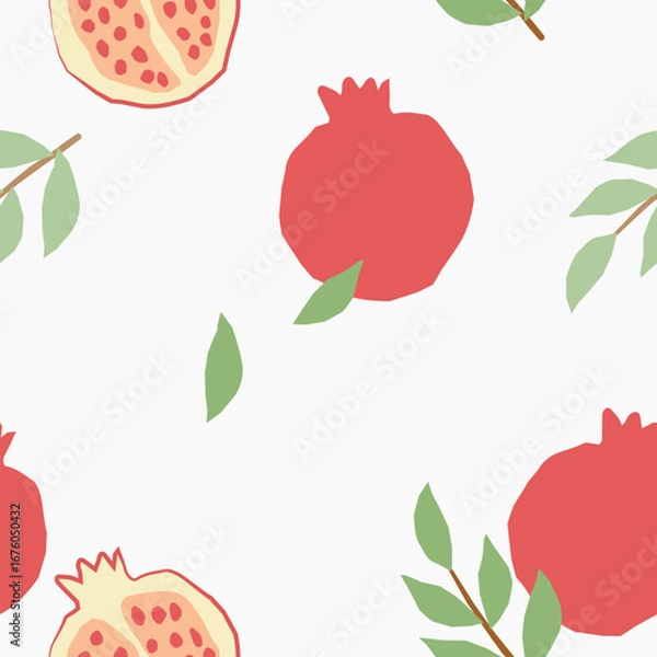 Fototapeta Seamless pattern with pomegranate and leaves on white. Minimalist hand-drawn background