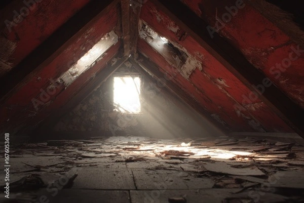 Fototapeta Forgotten Attic: Dusty Old Room with Sunlight Filtering Through the Red-Tiled Ceiling